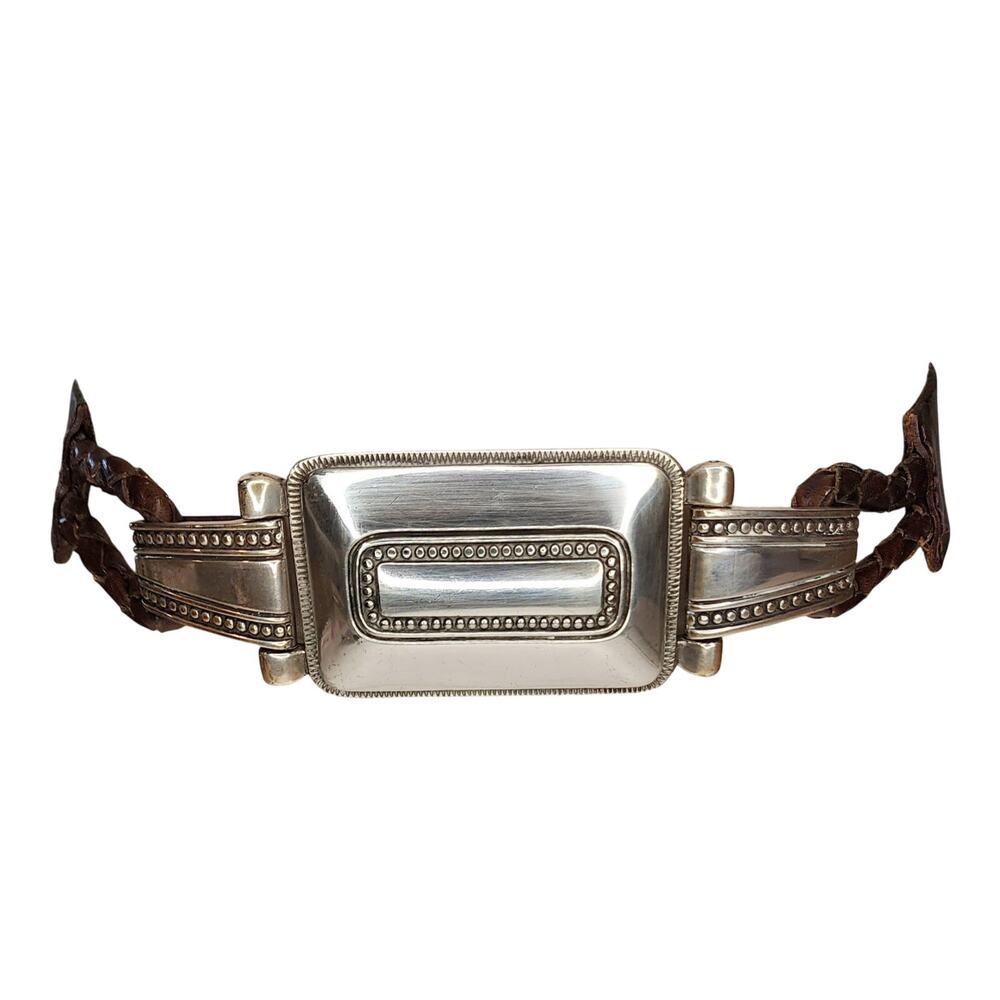 VTG Olga Santini Brown Leather Slide Belt M Large Silver Buckle Grunge Festival